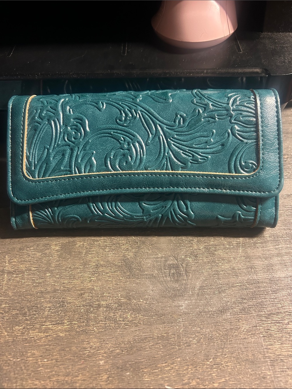 Embossed Teal Women's Wallet - Floral Foldover Clutch